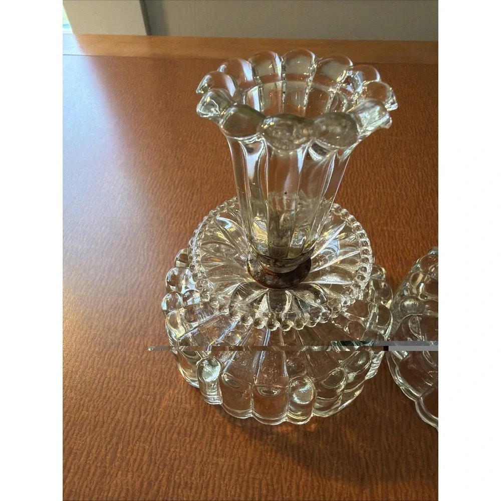 Vtg 1950's Art Deco Cut Glass Pair Of Candlestick Holders 4